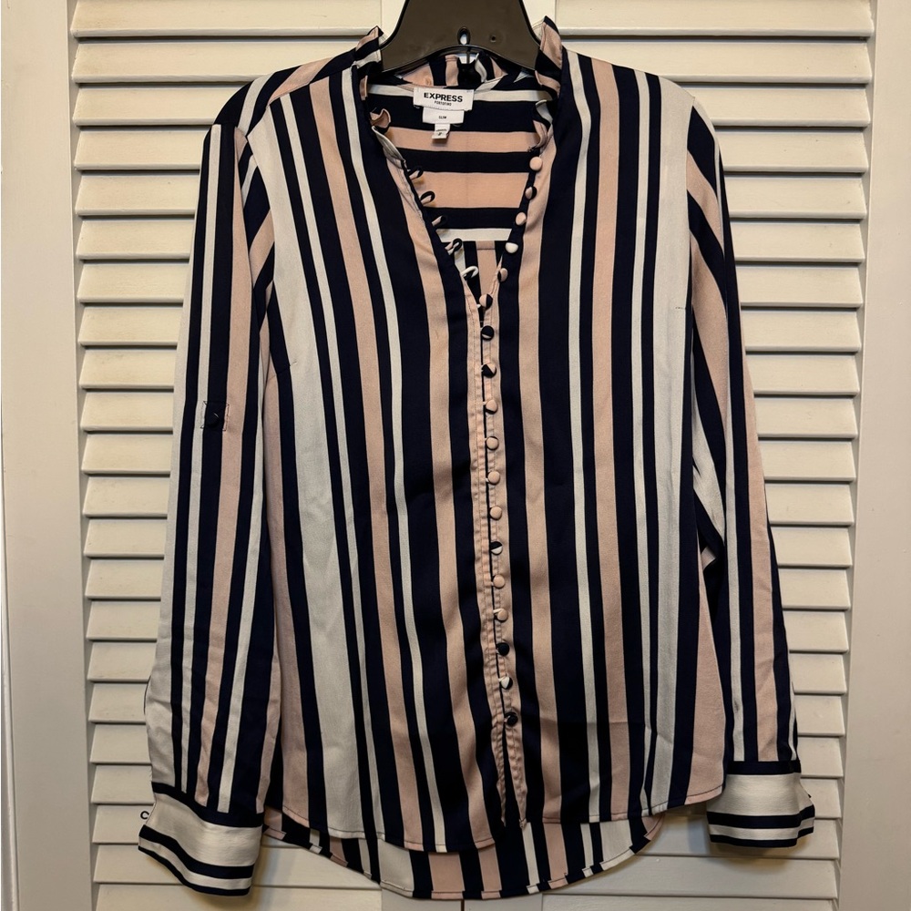 Express slim portfolio button up with blue and pink stripes -M